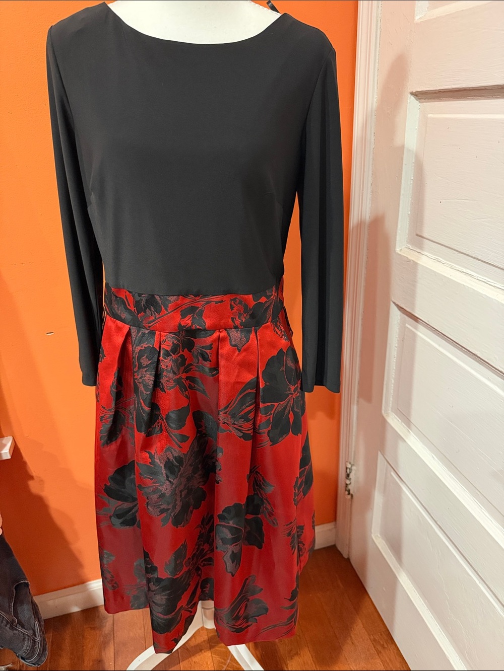 Elle Black Bodice with Red & Black Floral Skirt Long Sleeve Dress